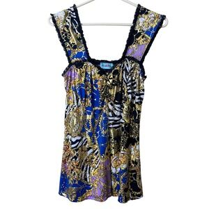 Rodeo Fox Baroque Chain Print Mesh Trim Tank Top Large Y2K McBling Mob‎ Wife
